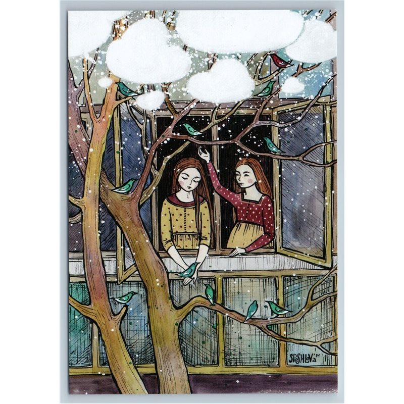 PRETTY GIRLS in Window Farewell to Birds Snow Winter by Speshilova New Postcard