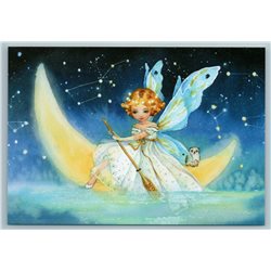 LITTLE GIRL on Moon with OWL Galaxy Fantasy Fairy New Unposted Postcard