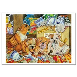 DOG Puppy Bulldogs and Tea-set Cup Antiques Cute Russian Modern Postcard