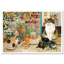 CAT with Kittens play in Garden Floral by Ivory NEW Russian Postcard