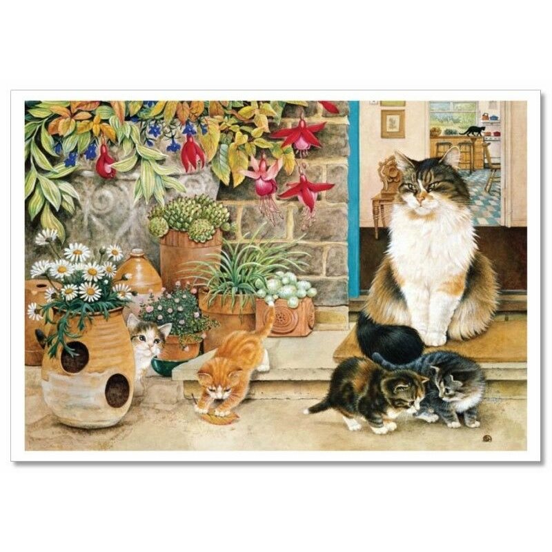 CAT with Kittens play in Garden Floral by Ivory NEW Russian Postcard