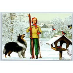 PIN UP GIRL with skiing DOG Collie Bird feeders Winter Russian MODERN POSTCARD