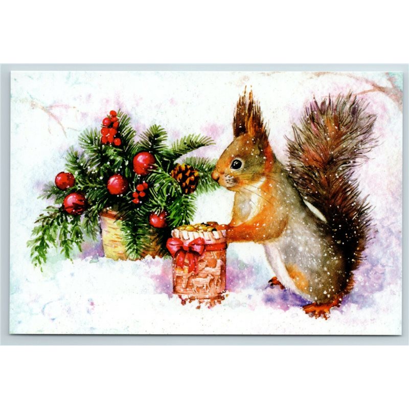 Squirrel and CHRISTMAS TREE branch Gift Box Winter Snow Russian Modern Postcard