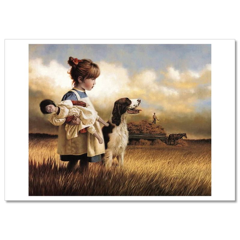 LITTLE GIRL with DOLL Toy DOG haymaking JIM DALY KIDS ART Modern Postcard