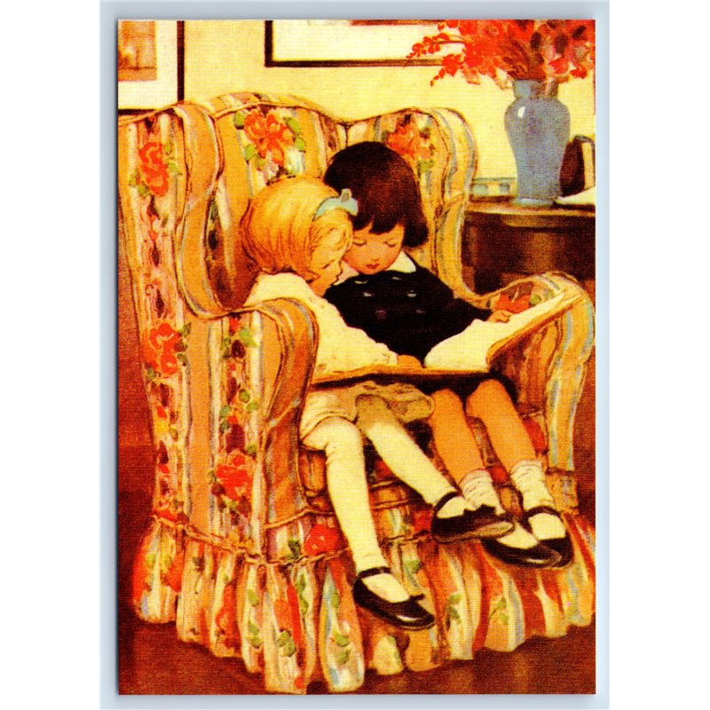 LITTLE GIRL & BOY read Book on Chair by Smith New Unposted Postcard