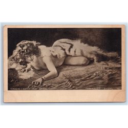 1900's WOMAN in Tiger Skin Velvet claws NUDE Art Imperial Russia Postcard