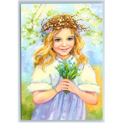 LITTLE GIRL with spring flowers Willow Easter New Unposted Postcard