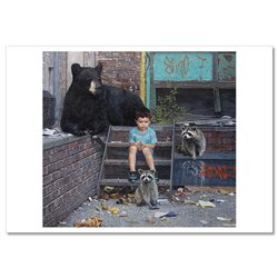 LITTLE BOY with BLACK BEAR and RACCOON in City New Unposted Postcard