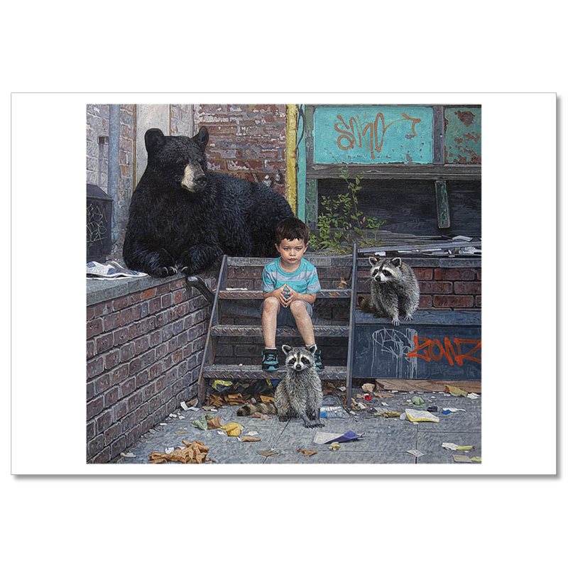 LITTLE BOY with BLACK BEAR and RACCOON in City New Unposted Postcard