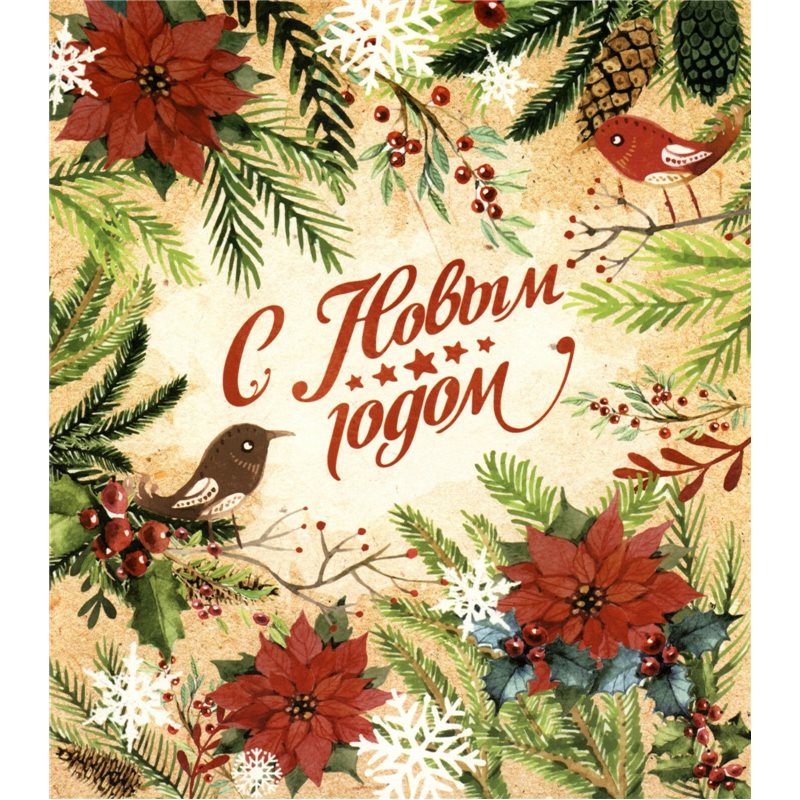 Christmas pattern Poinsettia Birds Tree Big Folding Russia Modern Postcard