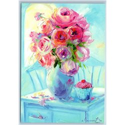ROSES and cup cake on a dresser Interior Shabby Style New Unposted Postcard