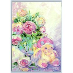 BUNNY RABBIT TOY and BOUQUET of PEONIES Tender Morning New Unposted Postcard