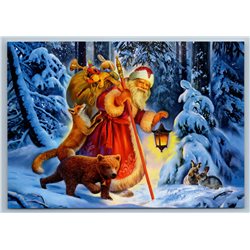 DED MOROZ Santa Red Fox Hare Rabbit Bear Snow Winter Forest Russian New Postcard