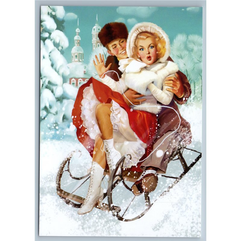 PIN UP RUSSIAN GIRL on Sled MAN Snow Winter Ride New Unposted Postcard