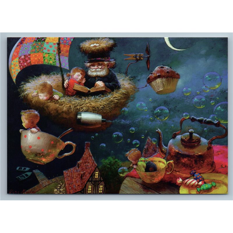 LITTLE KIDS with Elderly Man Fantasy Tale Tea Cup Kettle  Moon Journie New Postcard