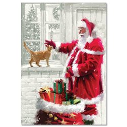 RED CAT & SANTA CLAUS Christmas Russian Unposted Postcard