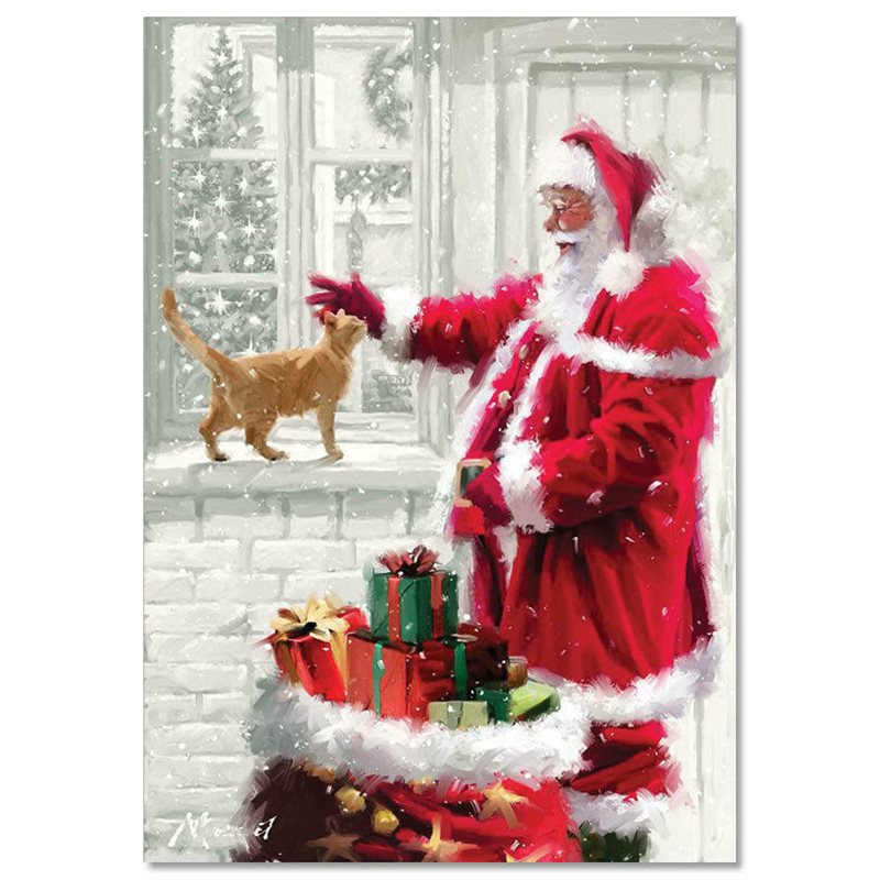 RED CAT & SANTA CLAUS Christmas Russian Unposted Postcard