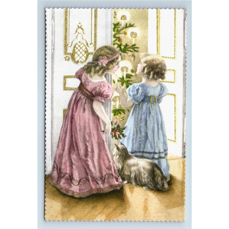 MERRY CHRISTMAS Little Girls w/ Lap Dog Xmas Tree GLITTER Russian New Postcard