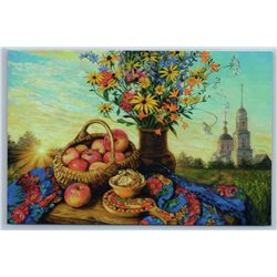 RUSSIAN HARVEST Apple in Basket CHURCH Honey Spas Flowers Ethnic New Postcard