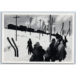 1958 WWII EVACUATION OF CIVILIANS Troop train Railroad Graphic USSR Postcard