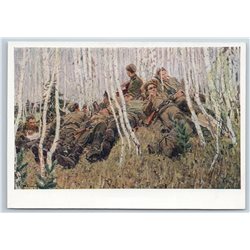 1960 WWII SOLDIERS on Rest Stop in birch forest Military Soviet USSR Postcard