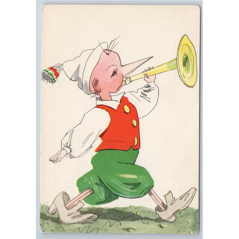 1963 PINOCCHIO blows the trumpet Buratino Wood Boy Soviet USSR Postcard