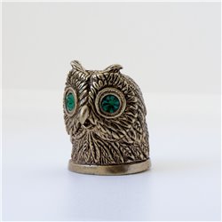 Thimble BIRD WISE OWL Green Eyes rhinestones Solid Brass Metal Russian Souvenir