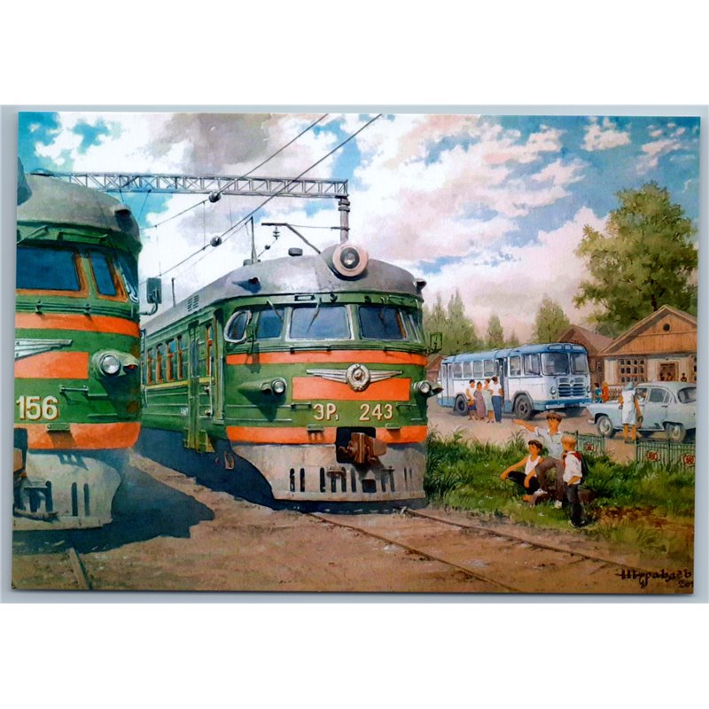 SOVIET suburban electrical TRAIN ER-243 Railroad Rail in Village New Postcard