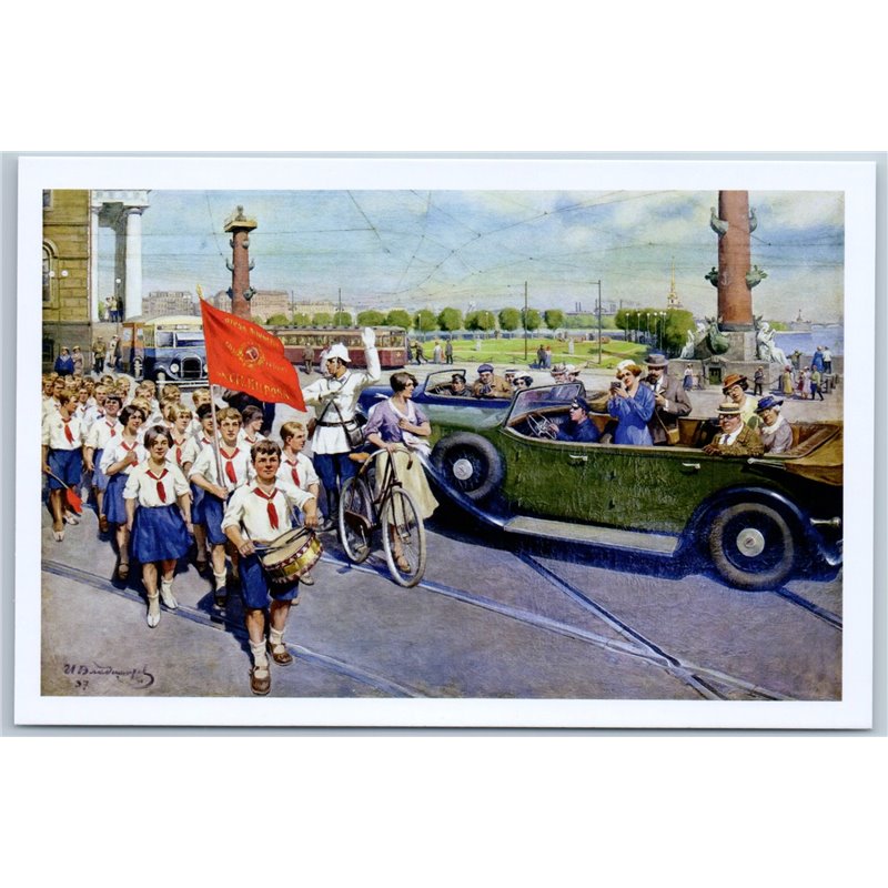 Foreigners in Leningrad PIONEERS Propaganda Old Car Socialist Realism Russian postcard