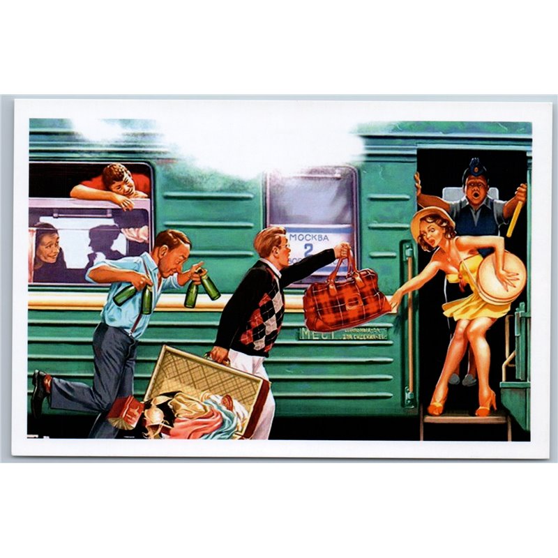 PIN UP GIRL Late for Train Russian Railroad Railway Beer Baggage New Postcard