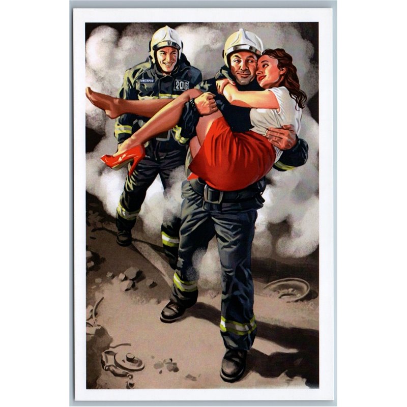 PIN UP GIRL saved by firefighters Fireman Fire department New Postcard