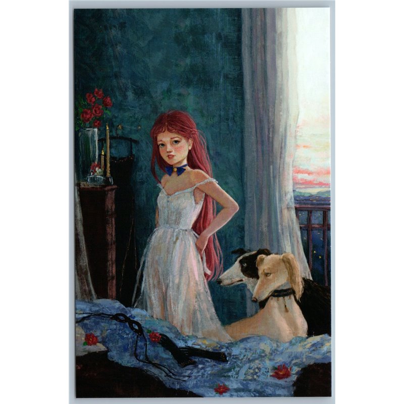 LITTLE GIRL Long Hair dressing up MASQUERADE party DOGS Russian New Postcard