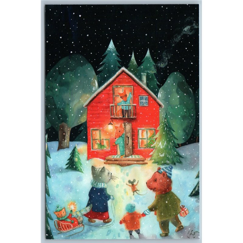 CATS BEAR Visit to RED FOX Christmas Eve Snow Winter Forest Unusual New Postcard