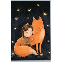 LITTLE GIRL and RED FOX Friends Heart Fireflies So cute Russian New Postcard