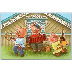 FUNNY PIGLETS Pig play Music Russian Ethnic Welcome Wooden House New Postcard
