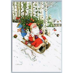 DED MOROZ Santa Claus with HARE Rabbits Sled Snow Winter by Uvarova New Postcard