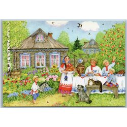PEASANT FAMILY Kids Cat DOG Apple Tree Tea Time Russian by Uvarova New Postcard