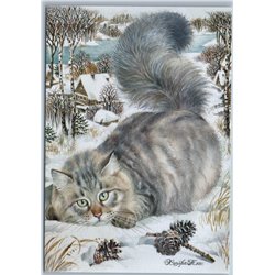 PLAYFUL CAT Snow Winter City River Trees Fir cones Peasant Russian New Postcard