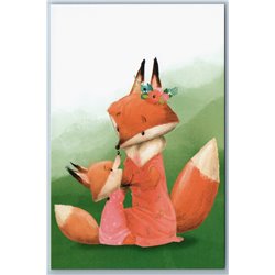CUTE RED FOXES Mom and Baby on Green Meadow Wild Animal New Postcard