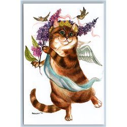 FUNNY CAT Angel wings Birds CUPID Fantasy Art by Plovetskaya New Postcard