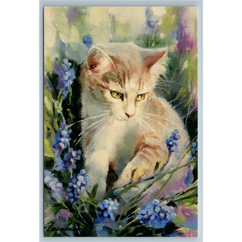 CAT Kitten in Flowers Field Lavender Summer Time Cute by Golovina New Postcard