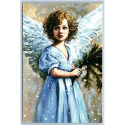 CUTE LITTLE GIRL Angel Wing Christmas Tree branch Eve Greetings New Postcard