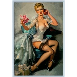 PIN UP GIRL calls on Old Phone STOCKINGS CORSET Dress Figure New Postcard