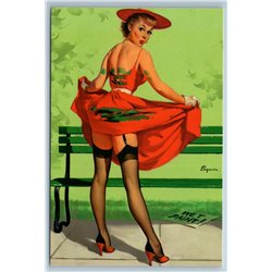 PIN UP GIRL in Red Dress Stockings Heels Painted bench Sexy Figure New Postcard