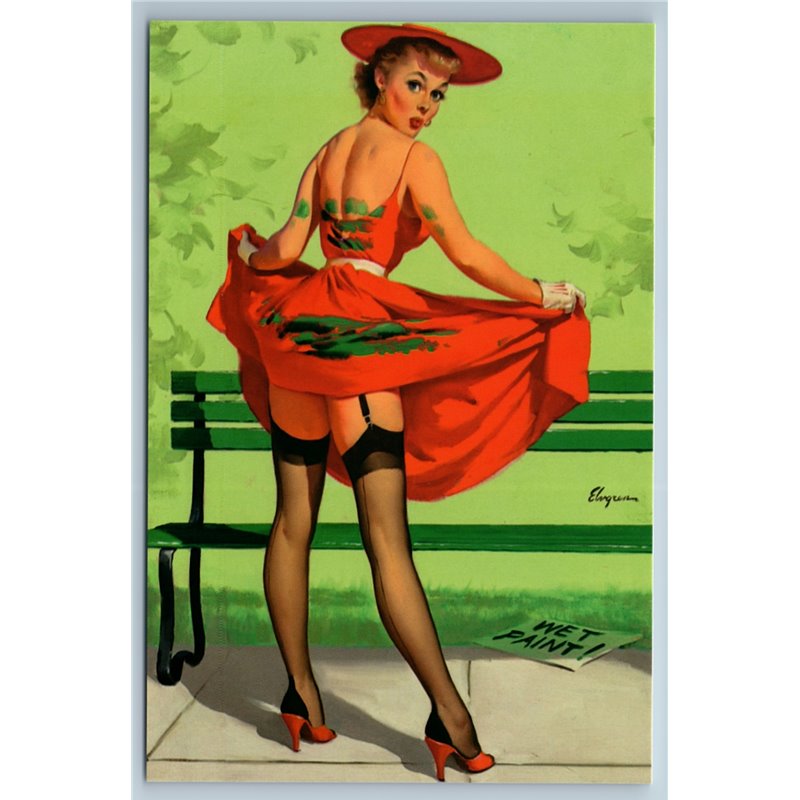 PIN UP GIRL in Red Dress Stockings Heels Painted bench Sexy Figure New Postcard