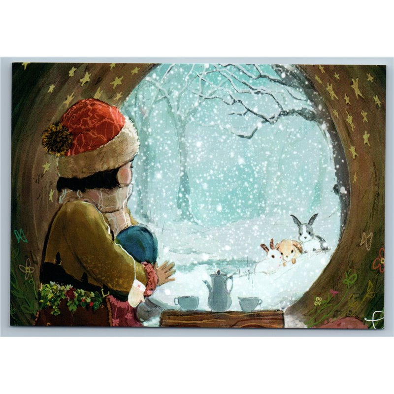 LITTLE GIRL n HARE Rabbit Snow Winter Forest Tea Time Unusual New Postcard