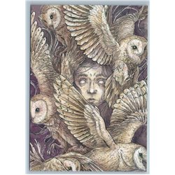 WEIRD FACE among the birds LORD OF OWLS Unusual Graphic Russian New Postcard