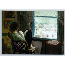 YOUNG WOMAN by Window looks Snow Winter City CAT Unusual Art by Lee New Postcard