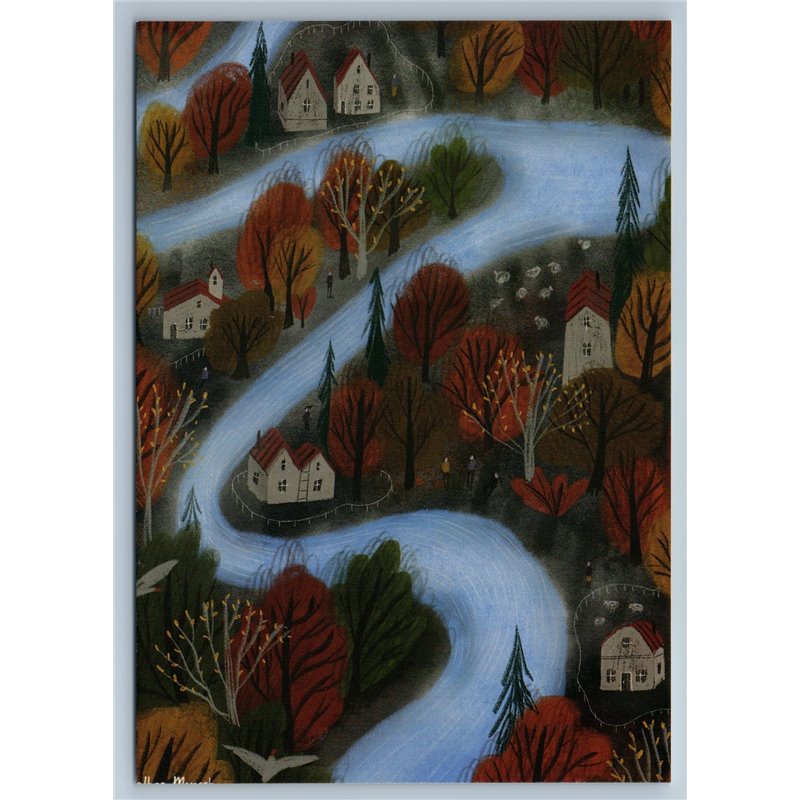 AUTUMN PEASANT CITY Misty River Landscape Town Unusual Graphic New Postcard