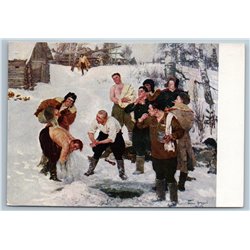 1955 WWII SOVIET TANKMAN Shirtless Guys Military Winter Patriotic USSR Postcard